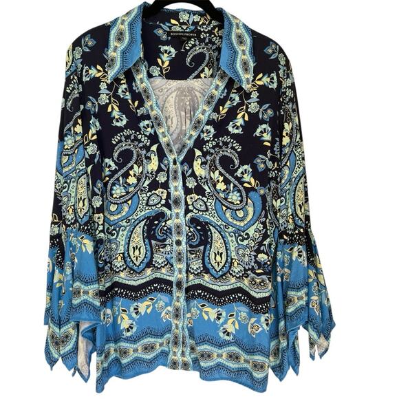 Boston Proper Border Print Flare Sleeve Blouse L Blue Paisley - Picture 2 of 6